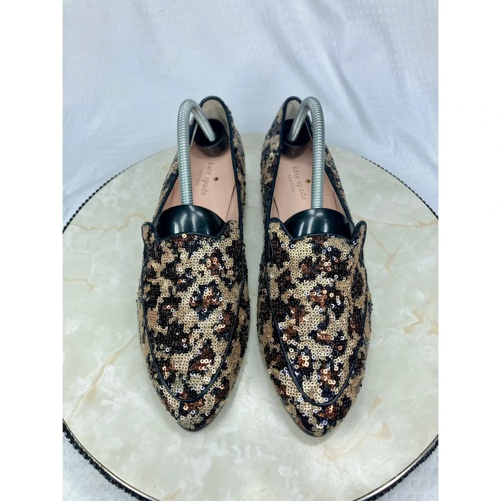 Kate Spade Sequin Leopard Print Loafers Womens 9.5 Gold Black Evening Party Flat